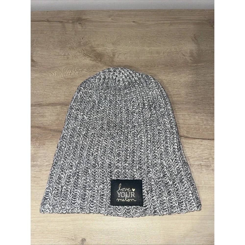 Love Your Melon Beanie Gray Marled Knit Gold Patch